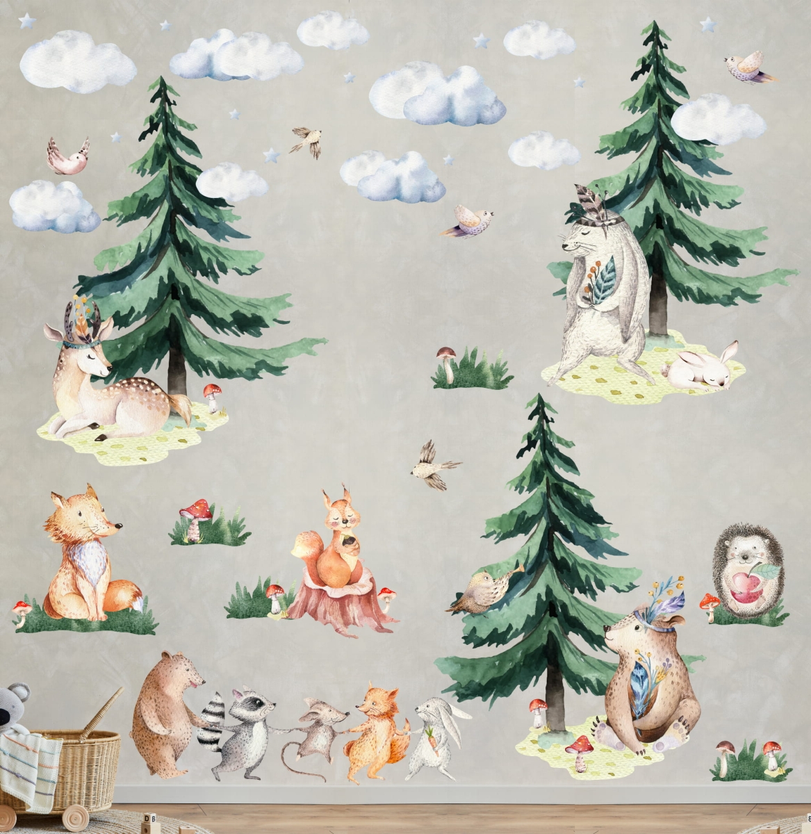 Świerk, miś, lis, sarenka - zestaw leśnych naklejek XXL.jpg