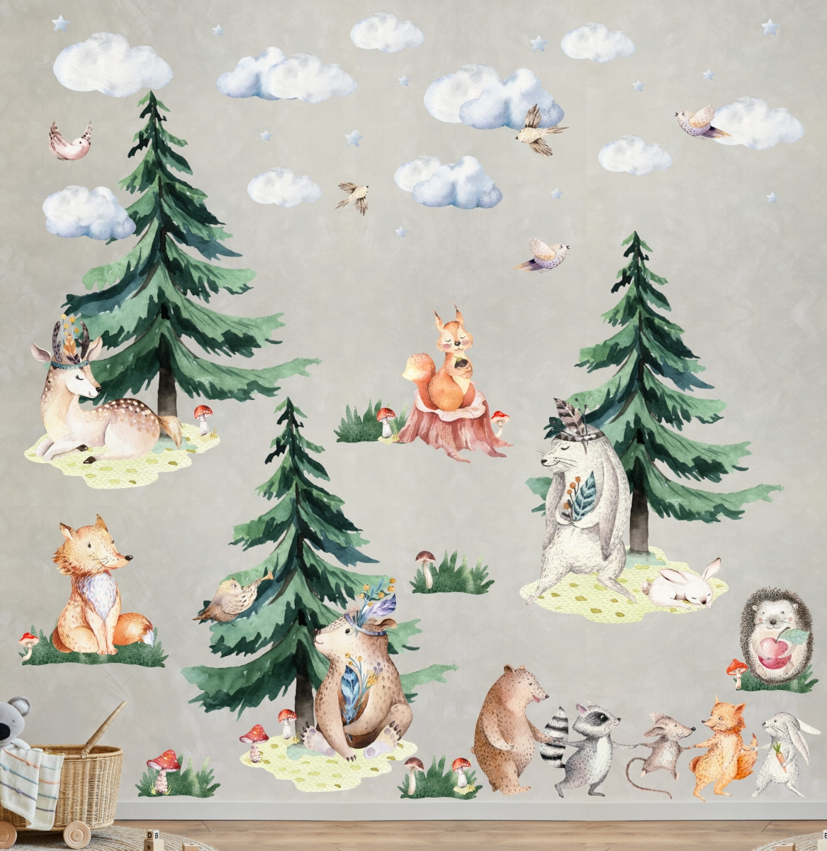 Świerk, miś, lis, sarenka- zestaw leśnych naklejek XXL.jpg