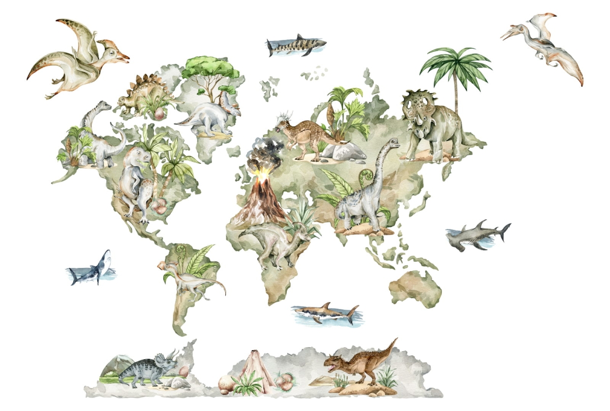 Mapa świata z dinozaurami na ścianę do pokoju dziecka – Mała Pracownia