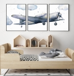 Plakaty z samolotem retro i balonem – tryptyk do pokoju dziecka