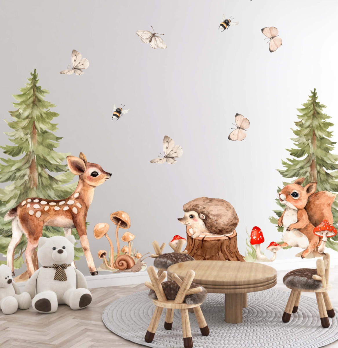 Naklejka Mieszkańcy lasu w akwareli – sarenka, wiewiórka, jeż, ślimak, grzybki, świerki, motyle – Mała Pracownia