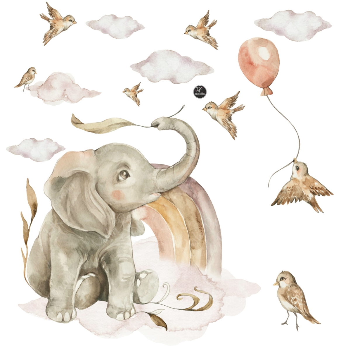 Naklejka na ścianę pastelowy słonik z tęczą akwarela – zestaw elementów