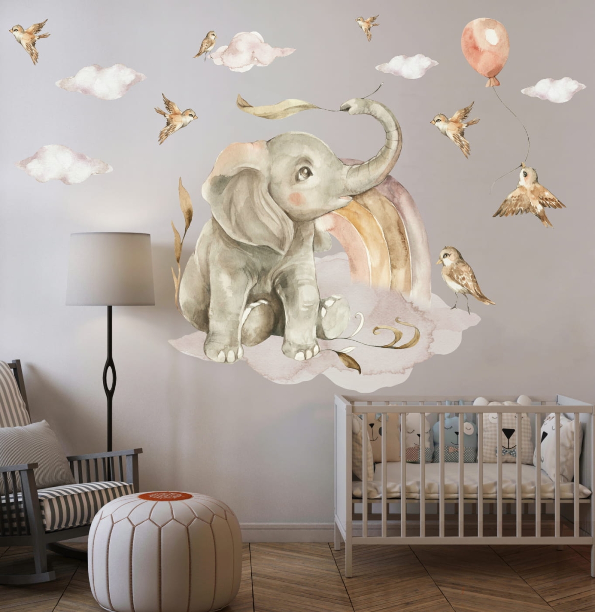 Pastelowy słonik z tęczą akwarela – naklejki ścienne Mała Pracownia