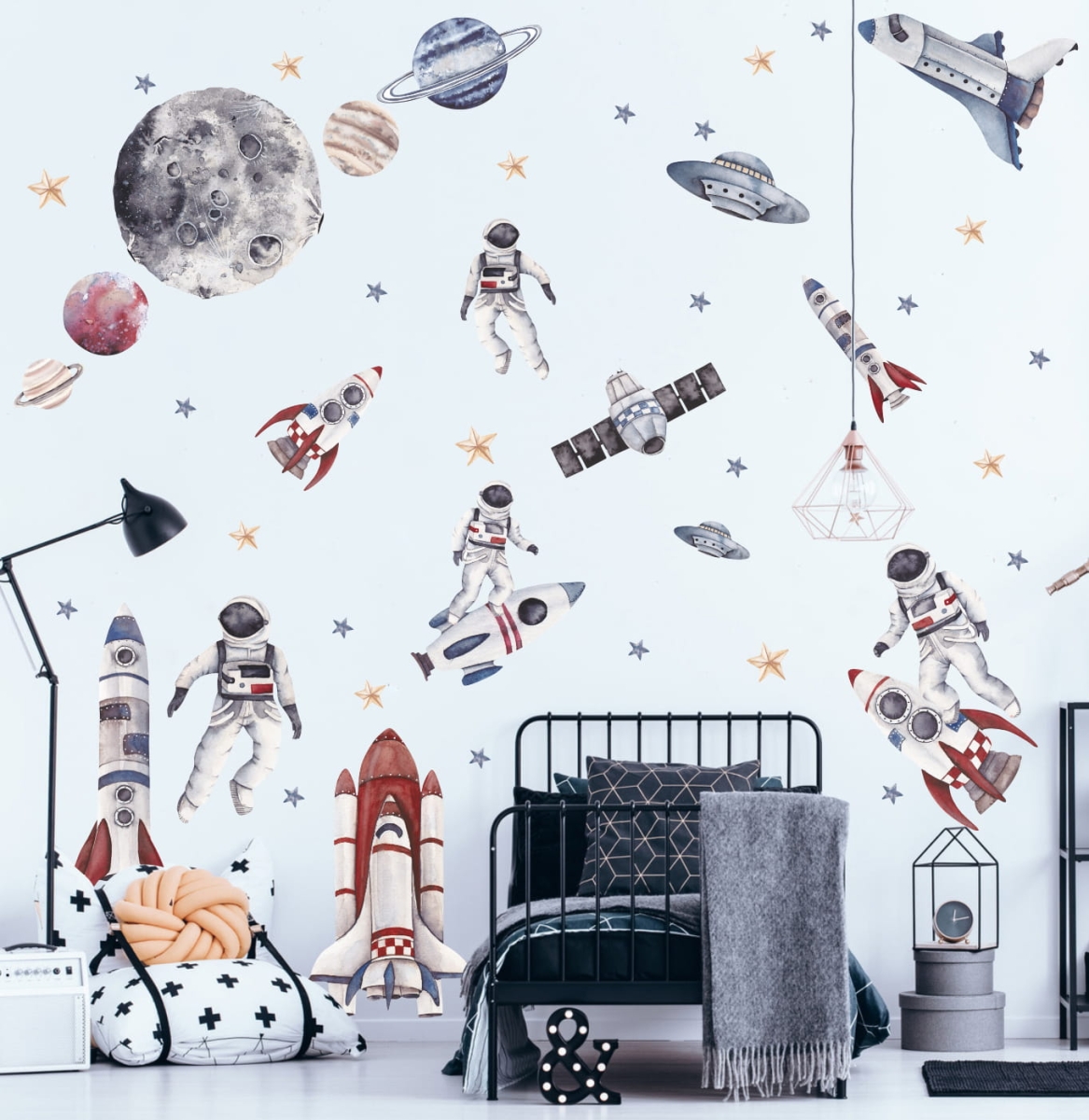 naklejki na ścianę XXL z rakietami, astronautami i planetami – pokój chłopca