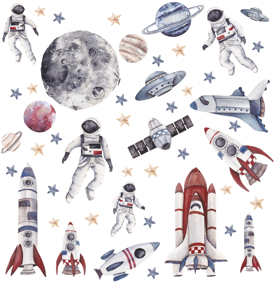 duży zestaw kosmicznych naklejek ściennych – rakiety, astronauci, księżyc