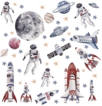 duży zestaw kosmicznych naklejek ściennych – rakiety, astronauci, księżyc