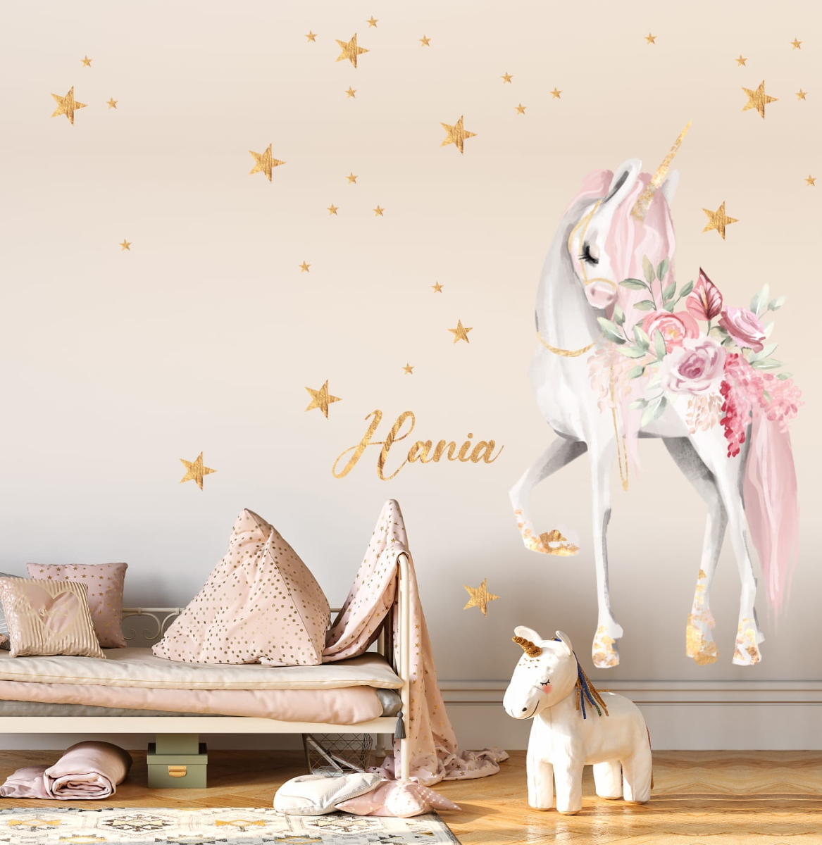 naklejka na ścianę jednorożec pastelowy z imieniem pokój dziecka