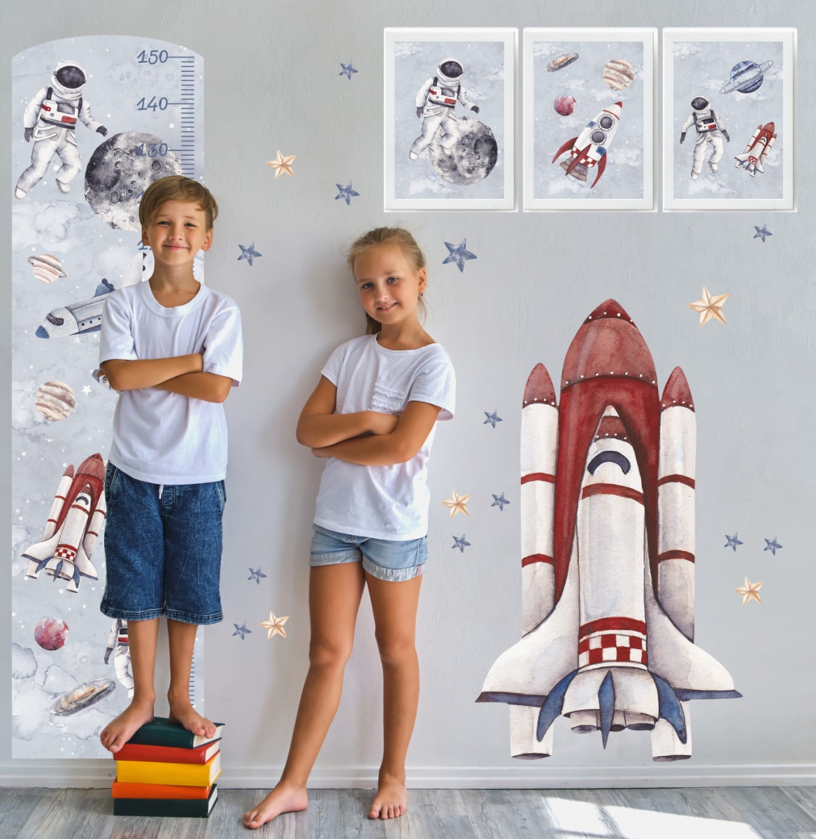 Miarka wzrostu Kosmos planety i rakiety – Naklejka na ścianę – Mała Pracownia