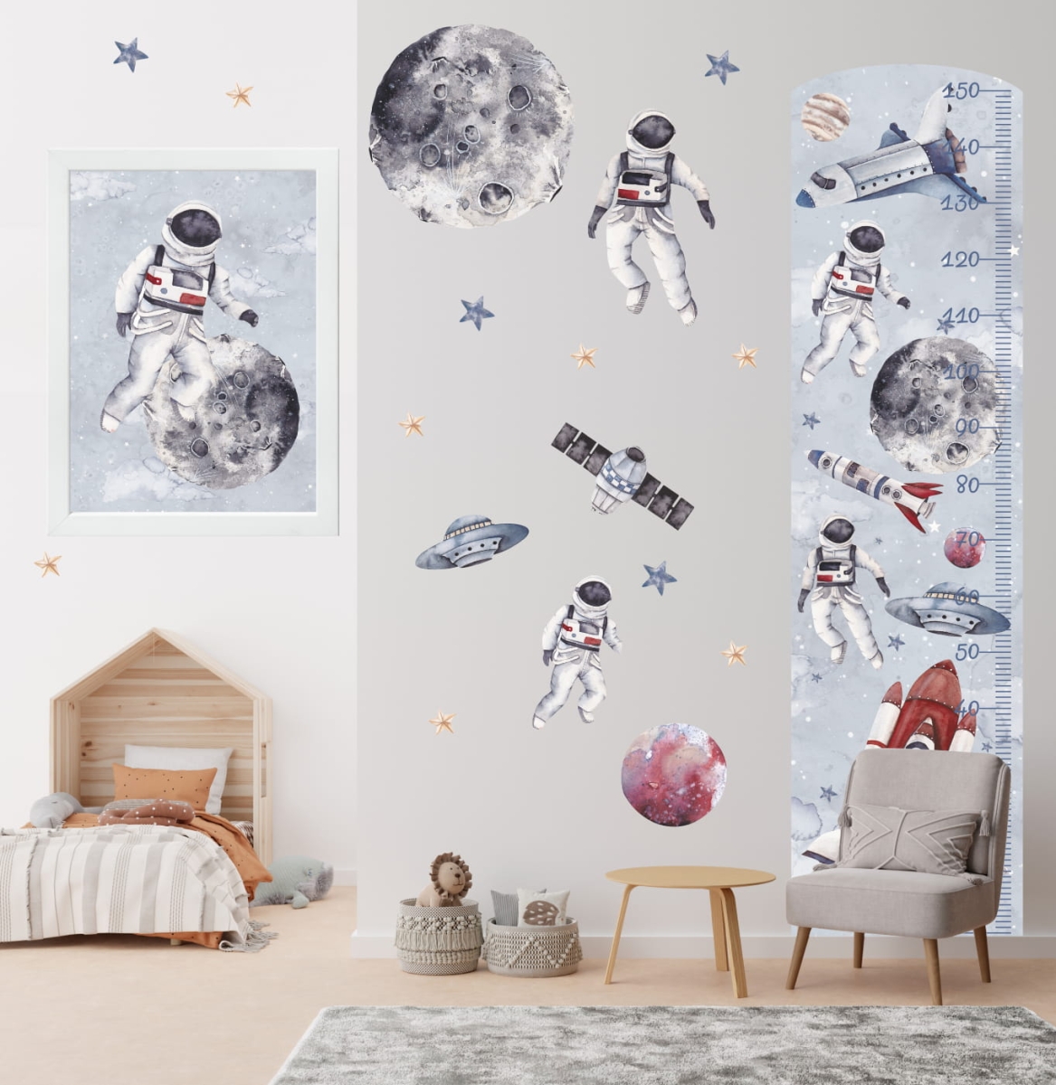 Miarka wzrostu kosmos błękit – Naklejka na ścianę dla dzieci – Mała Pracownia