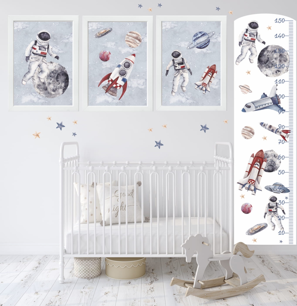 Miarka wzrostu kosmos błękit z gwiazdami i planetami – Naklejka ścienna dla dzieci – Mała Pracownia