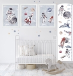 Miarka wzrostu kosmos błękit z gwiazdami i planetami – Naklejka ścienna dla dzieci – Mała Pracownia