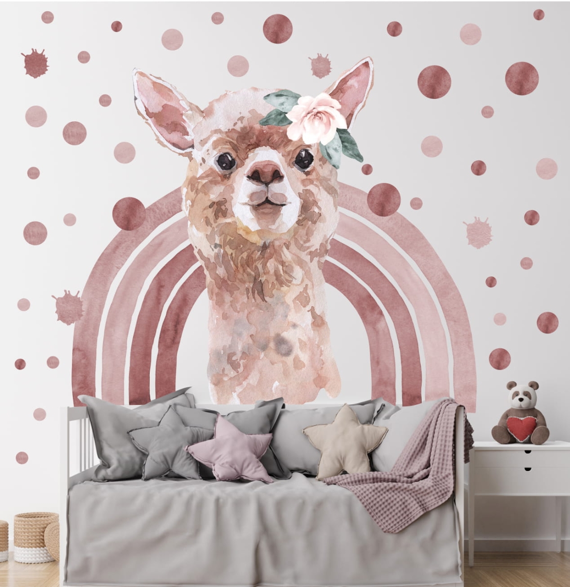 Naklejka Lama, tęcza, konfetti róż akwarela.jpg
