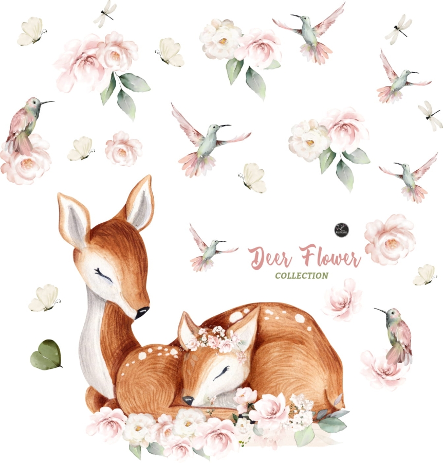 Urocza naklejka dziecięca sarenka z mamą, pastelowe kwiaty, pokój dziecka