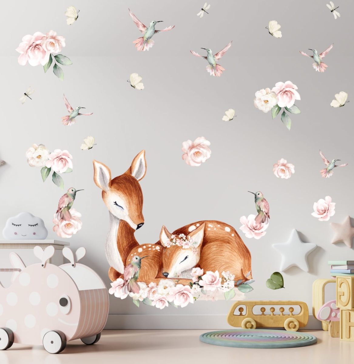 Urocza naklejka dla dziecka – sarenka z mamą i kwiaty SAR 02