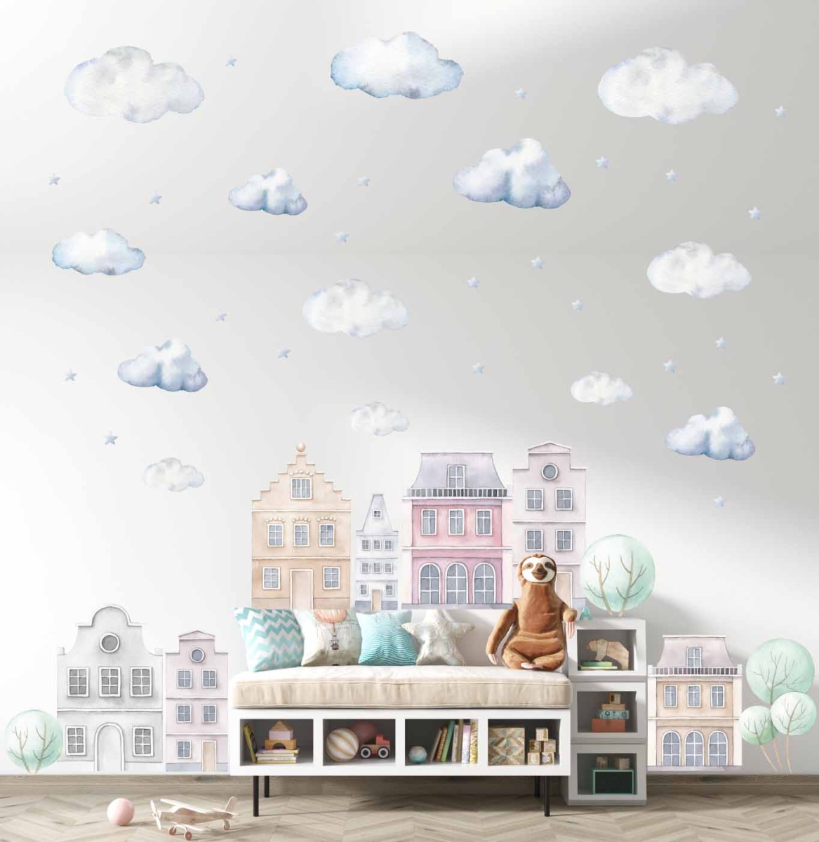 Kamieniczki, pastelowe domki, drzewka 180cm.jpg