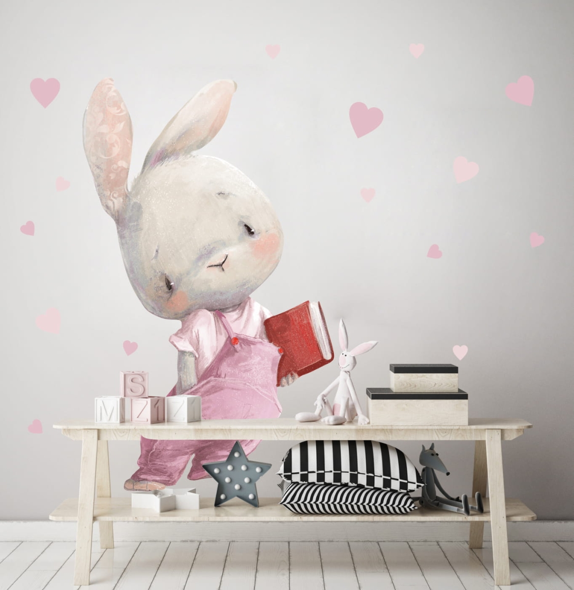 KRÓLICZEK Z KSIĄŻECZKĄ, SERCA RÓŻ - NAKLEJKA NA ŚCIANĘ.jpg