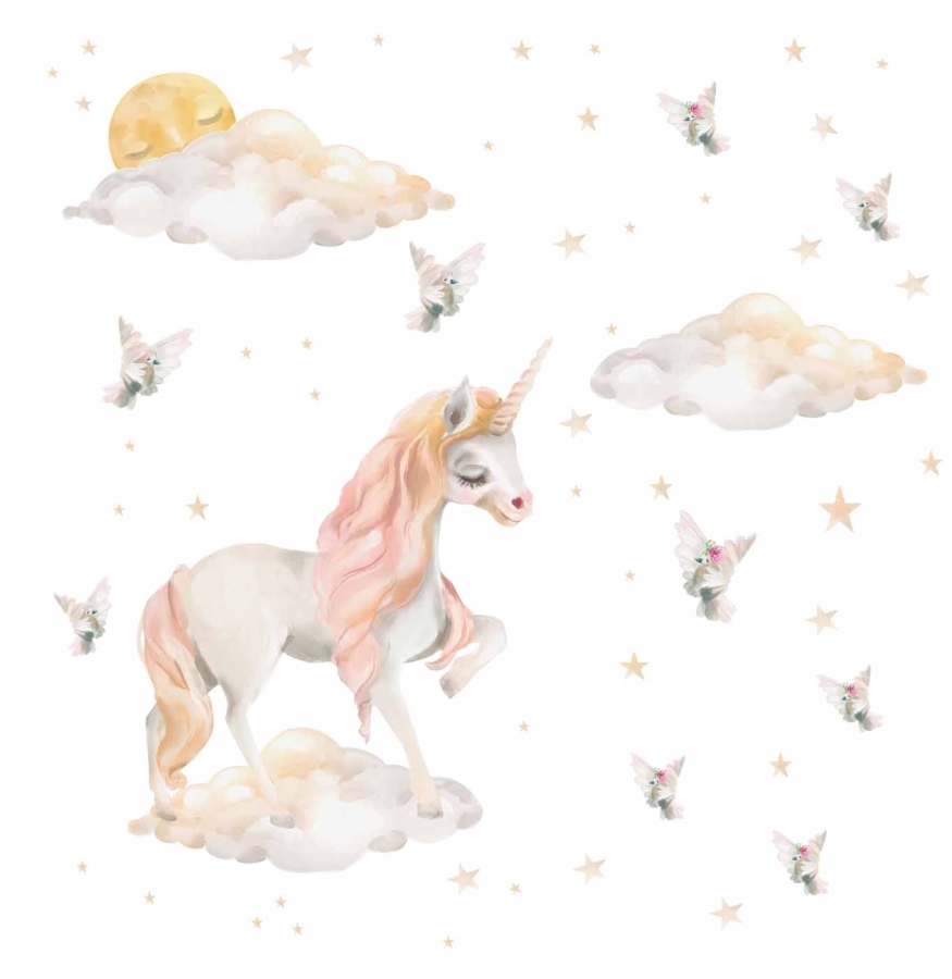 Jednorożec, pastelowe  chmurki , gwiazdki Naklejka.jpg