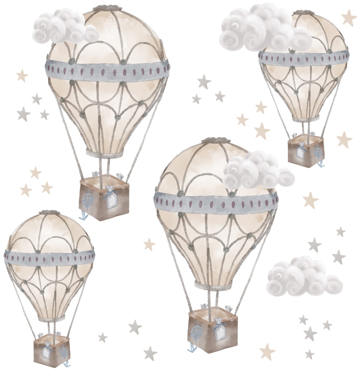 Zestaw naklejek ściennych beżowe balony, chmurki i gwiazdki do pokoju dziecka – Mała Pracownia