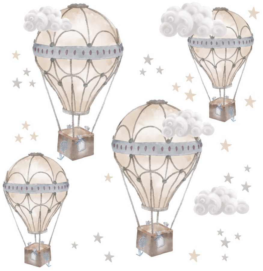 Zestaw naklejek ściennych beżowe balony, chmurki i gwiazdki do pokoju dziecka – Mała Pracownia