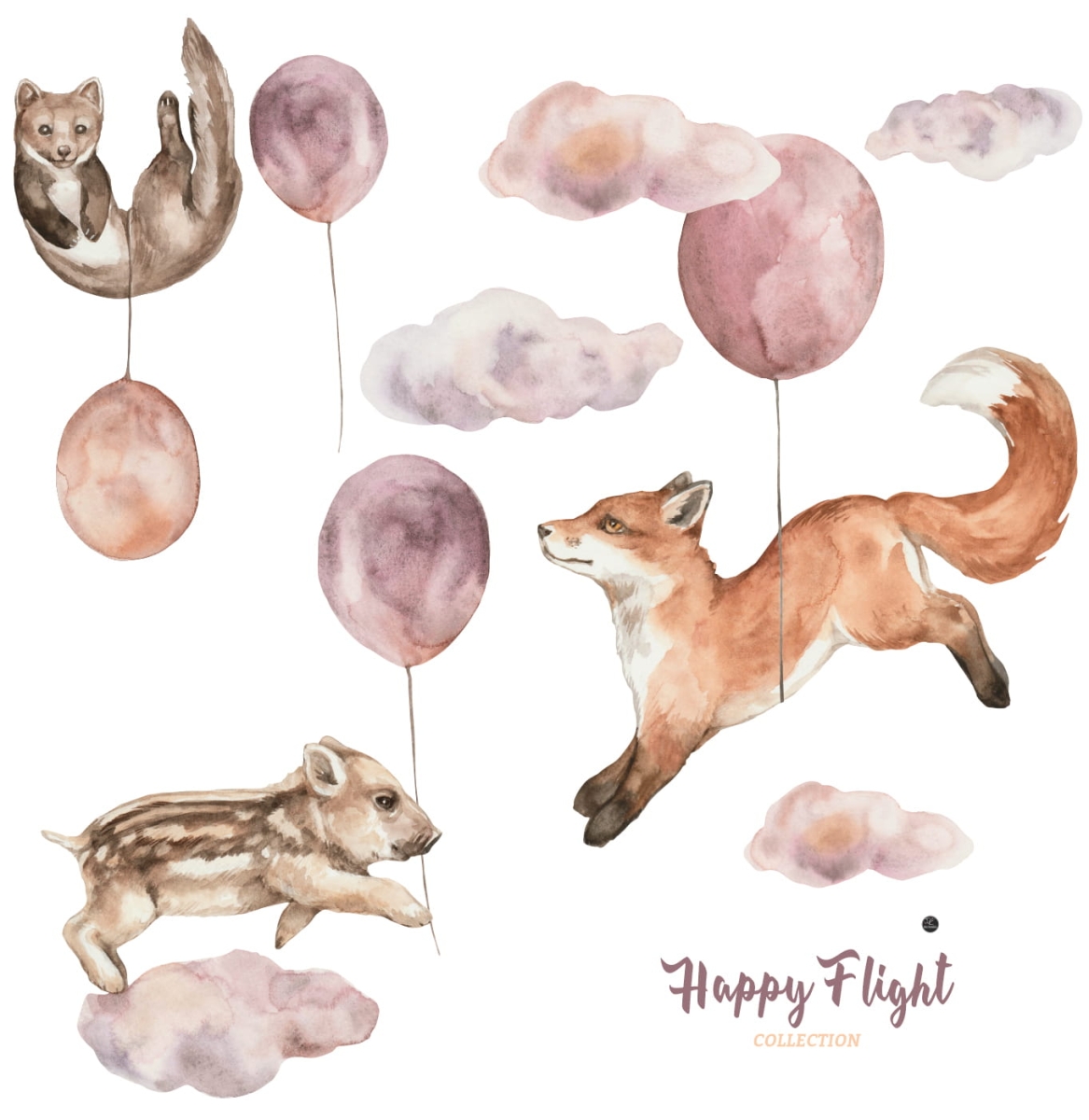 Naklejka na ścianę Happy Flight Wzór 2 – lis z balonikiem, kuna i prosiaczek | Mała Pracownia