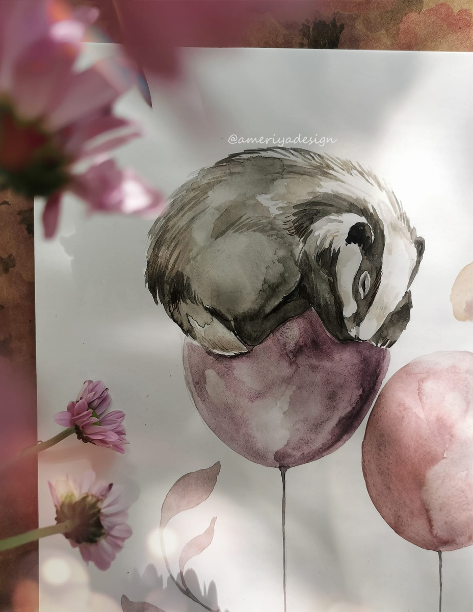 Autorska ilustracja borsuka na baloniku – proces malowania akwarelą, kolekcja Happy Flight Wzór 2
