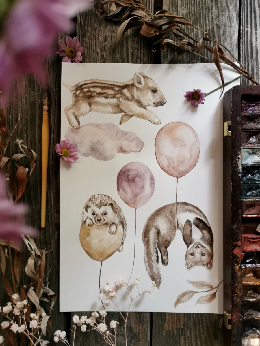 Autorska ilustracja prosiaczka na chmurce i kuny – akwarela, proces tworzenia kolekcji Happy Flight Wzór 2