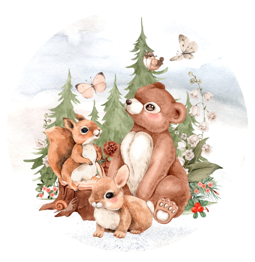 Mieszkańcy lasu - Miś zajączek wiewiórka  koło- naklejka na ścianę.jpg