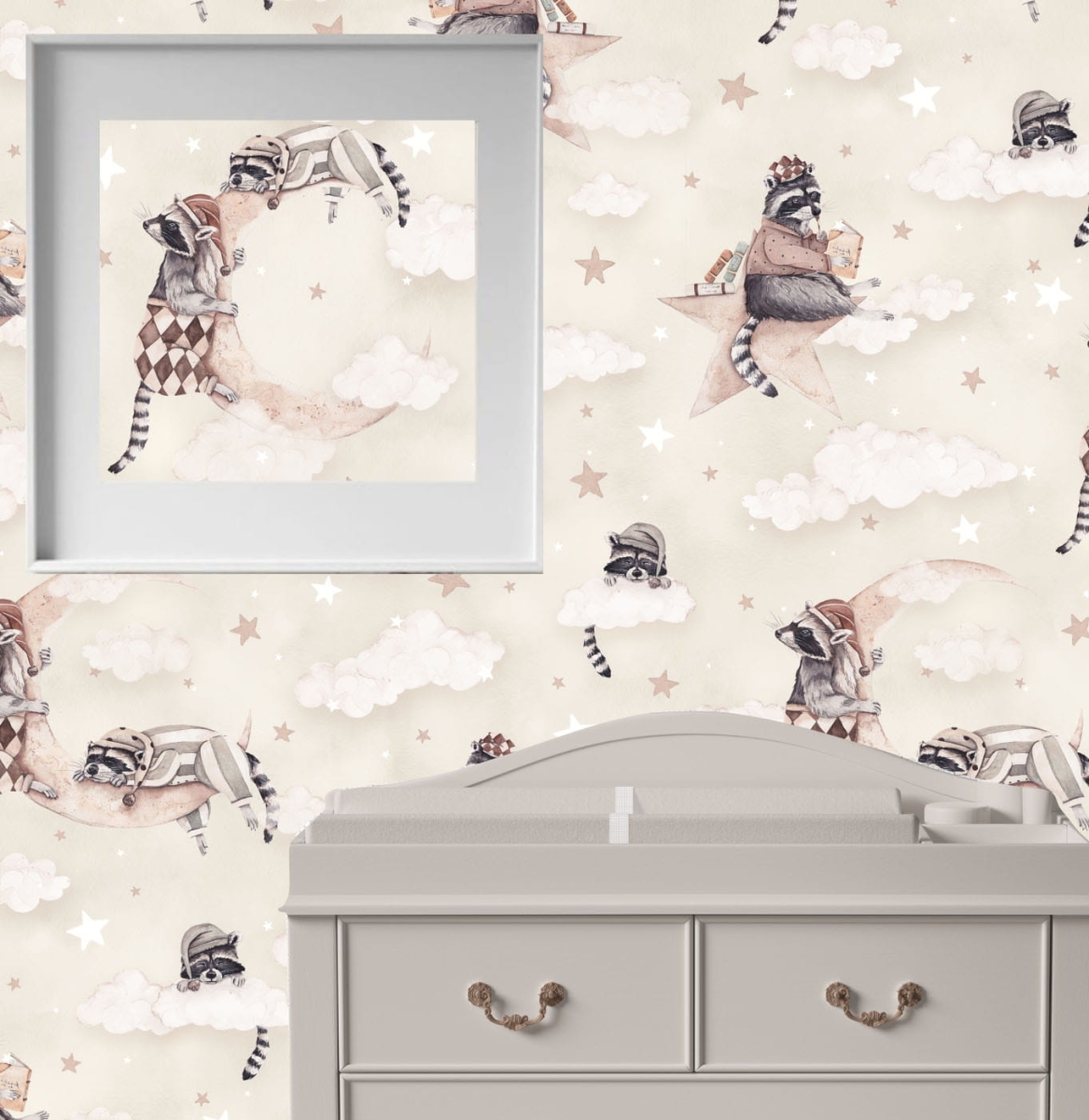 Sleepy Raccoons Tapeta krem.jpg