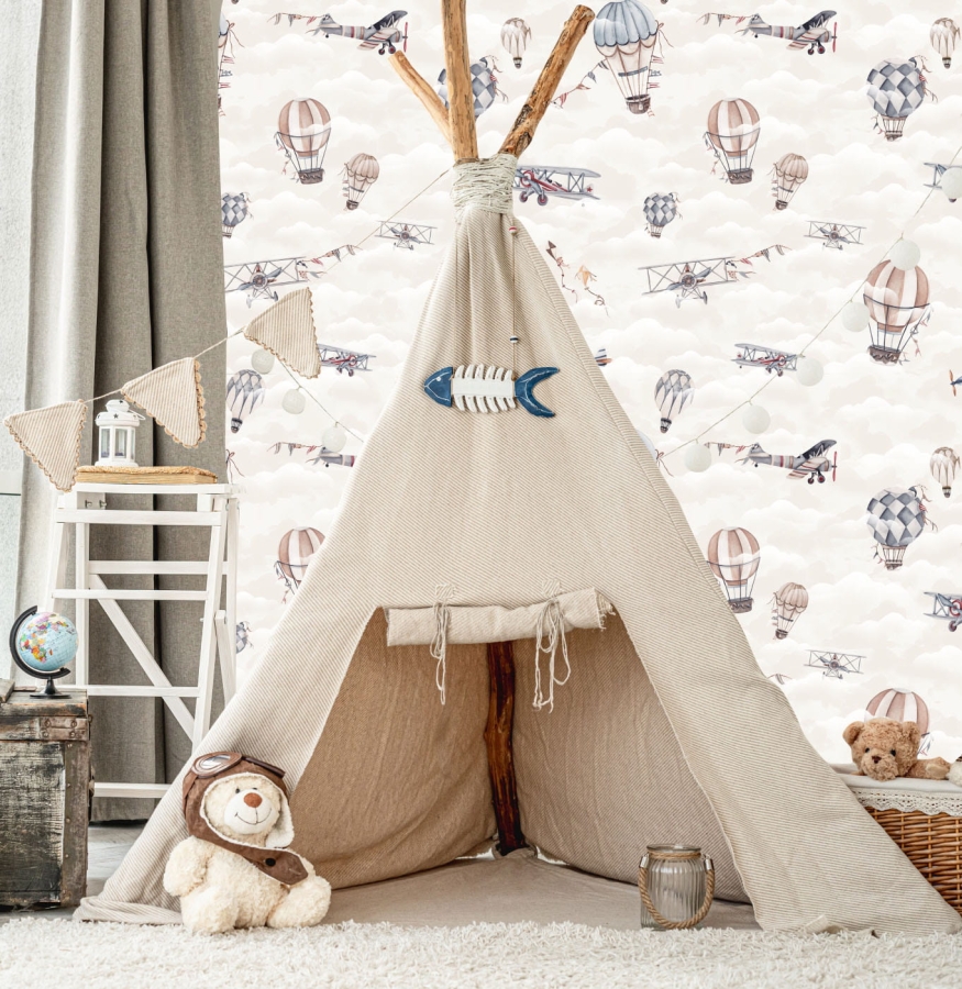 Tapeta Samoloty, balony retro latawce beż.jpg