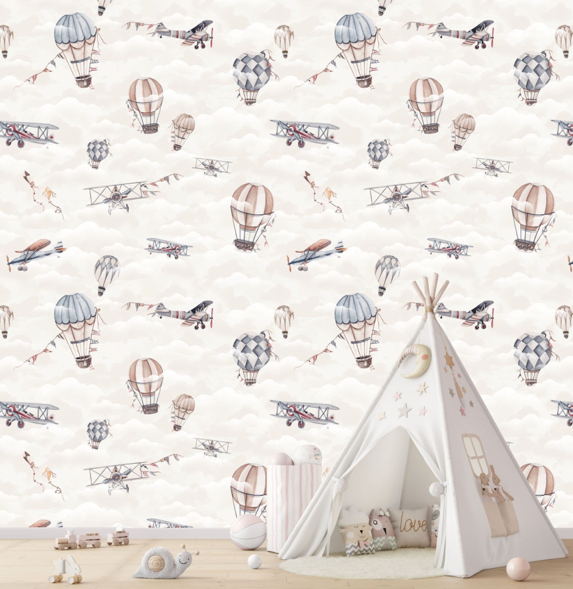 Tapeta samoloty, retro balony beż.jpg