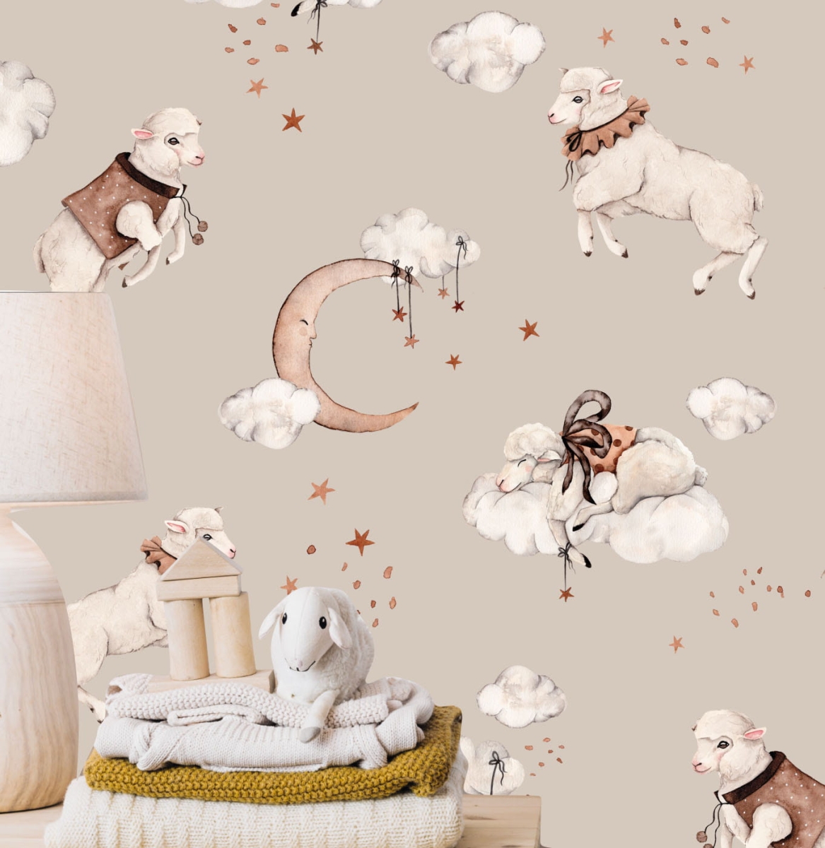 Tapeta Owieczki, Sheep dreams beż Mała PracowniaDK.jpg