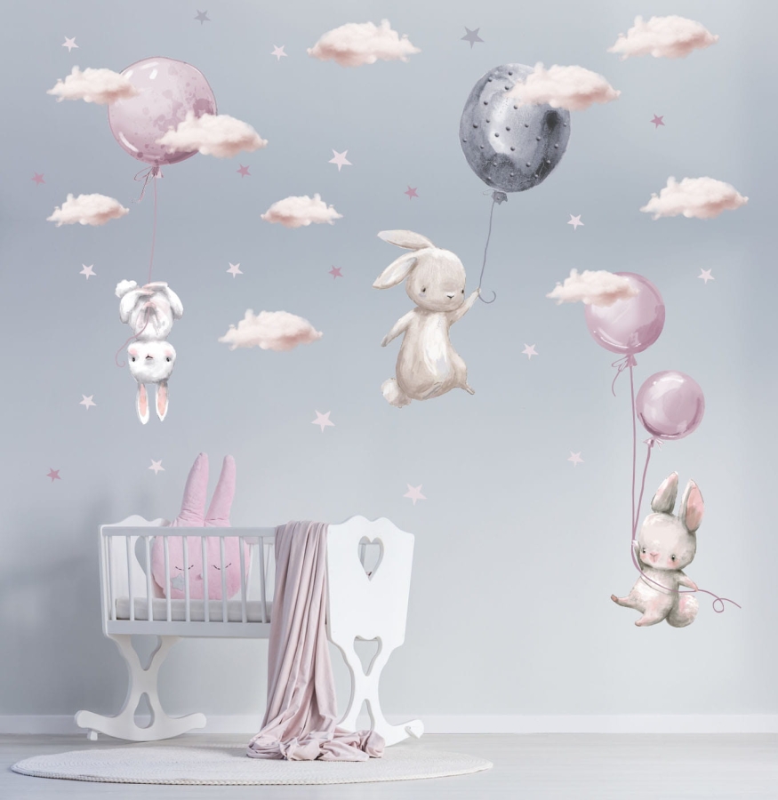 naklejki na ścianę zajączki z balonikami chmurki różowe