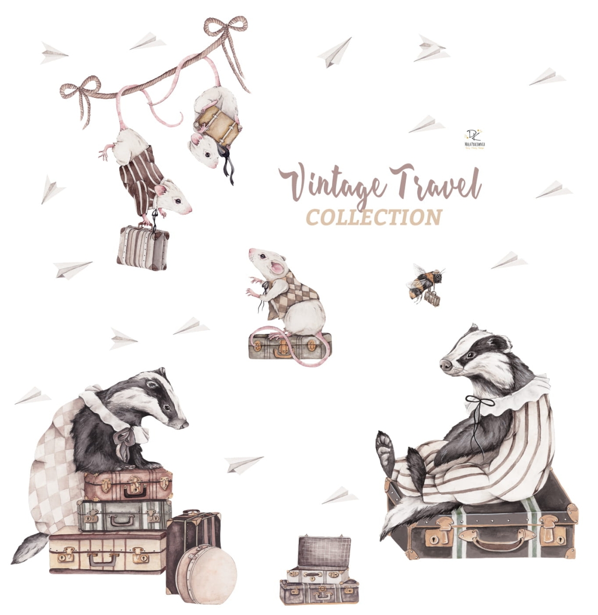 Autorska ilustracja na ścianę – borsuki, myszki i papierowe samoloty w pokoju dziecięcym