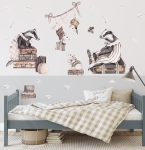 Naklejka na ścianę z borsukami i myszkami siedzącymi na walizkach – pokój dziecka w stylu retro