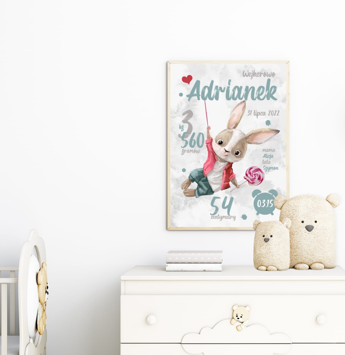 Metryczka dla dziecka z króliczkiem i lizakiem – Mała Pracownia