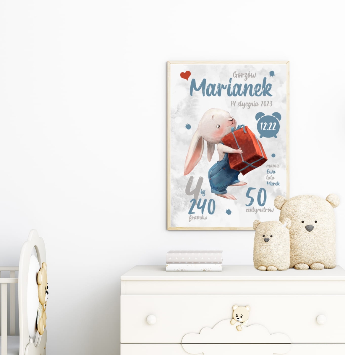 Metryczka retro z króliczkiem z prezentem