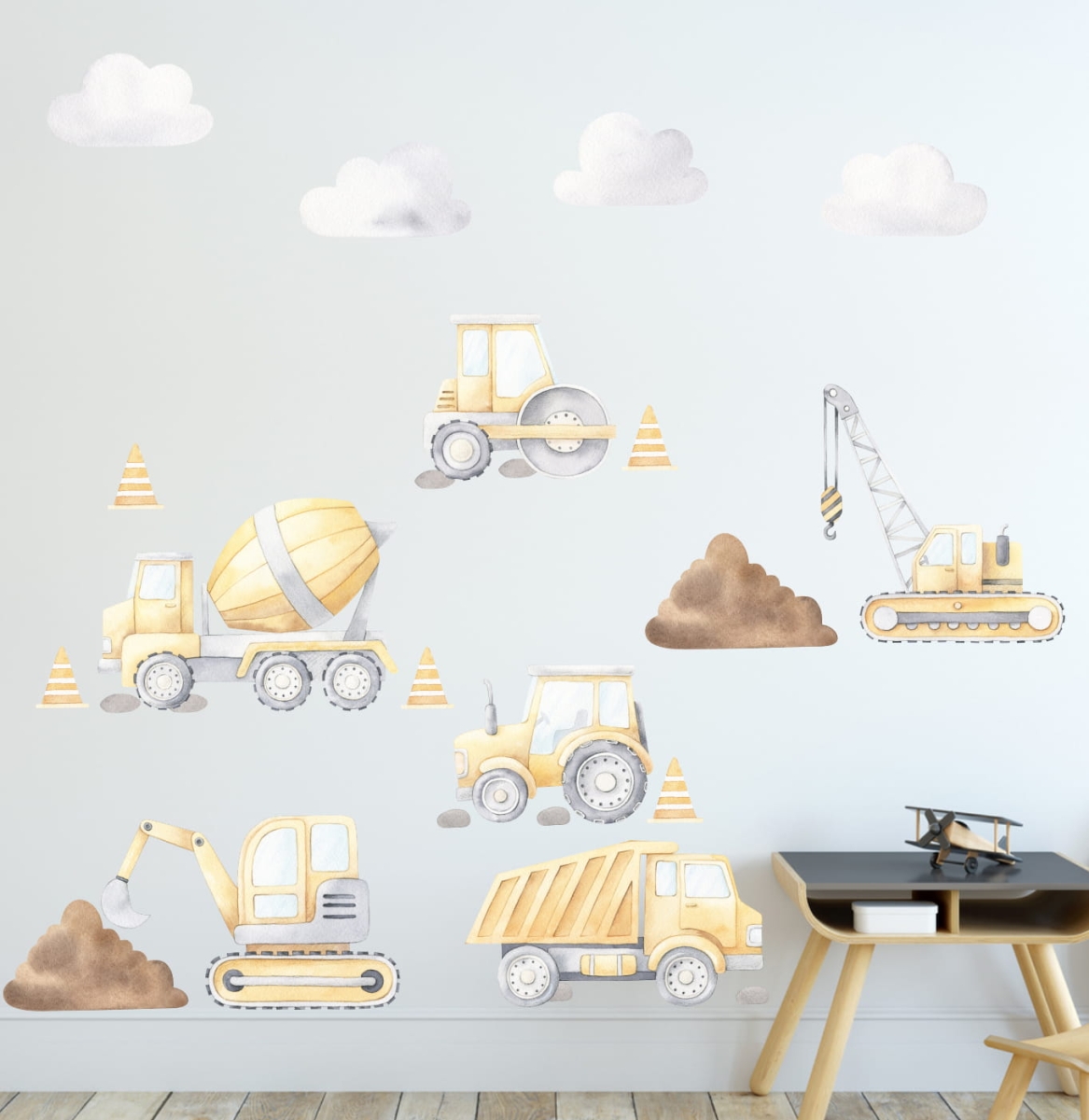 Naklejka na ścianę Plac budowy z pojazdami budowlanymi – zestaw dla dzieci – Mała Pracownia