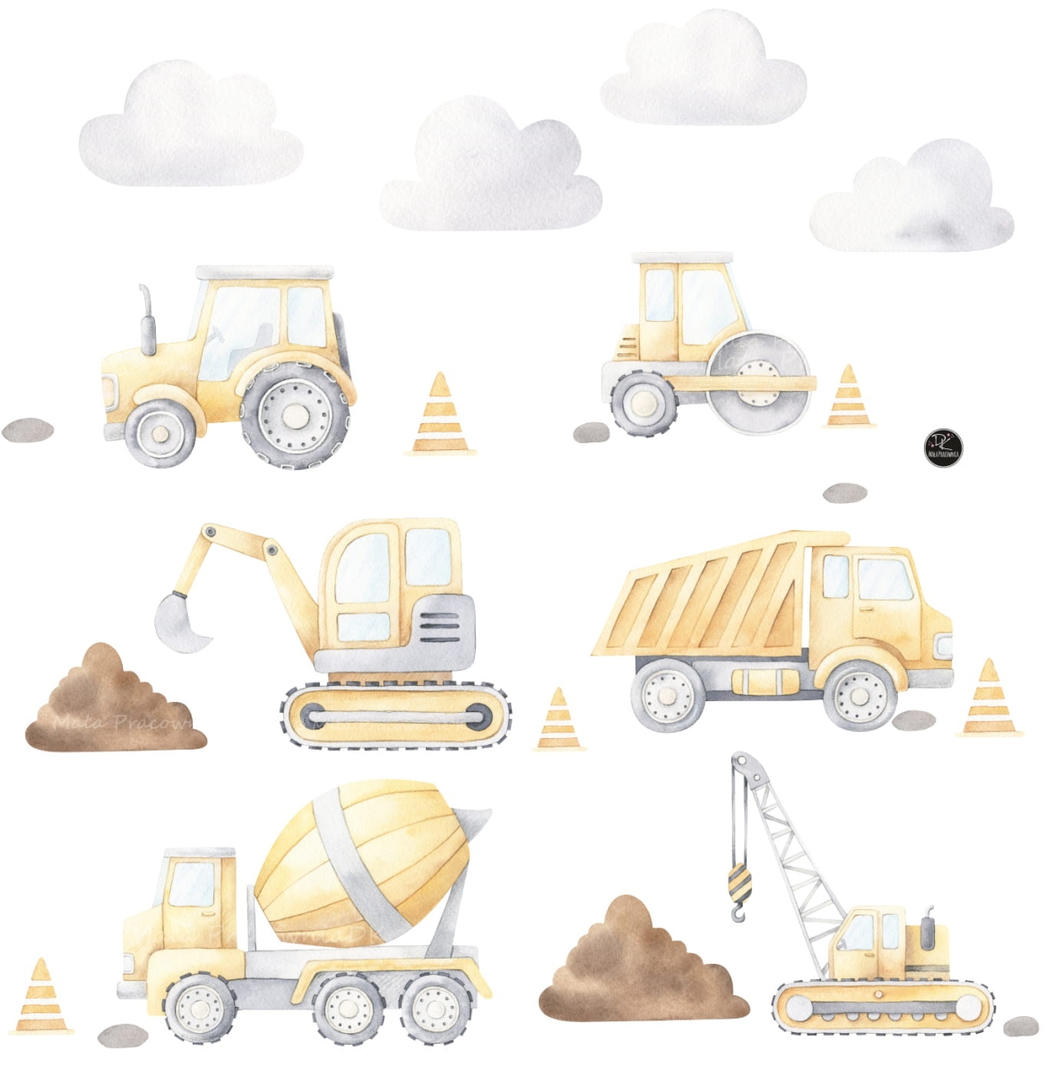 Plac budowy z pojazdami budowlanymi – zestaw naklejek dla chłopca– Mała Pracownia