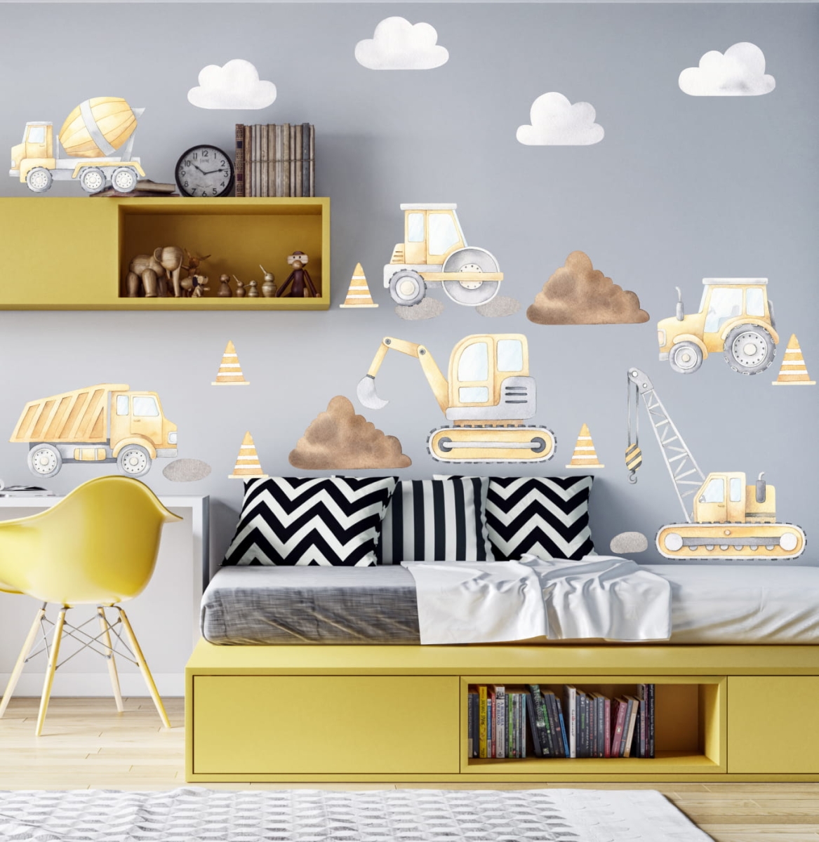 Naklejka Plac budowy z wywrotką, koparką i walcem drogowym – Mała Pracownia