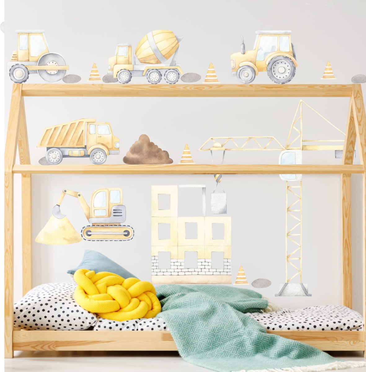 Naklejka na ścianę Plac budowy – koparka, dźwig i pojazdy budowlane dla dzieci