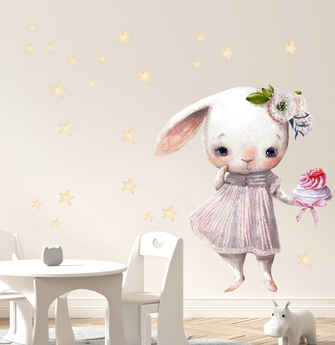 KRÓLICZEK, ZAJĄCZEK Z CIASTECZKIEM - NAKLEJKA NA ŚCIANĘ, NAKLEJKA ŚCIENNA.jpg