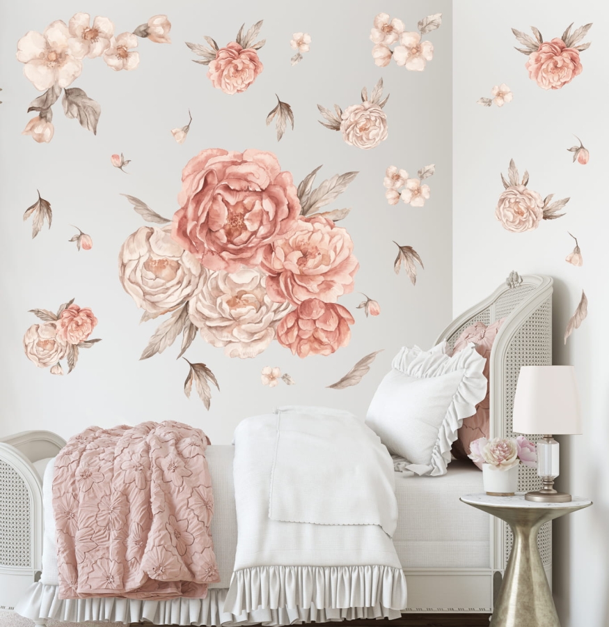 Naklejki na ścianę Piwonie Sunrise – kwiatowa dekoracja do pokoju dziecka