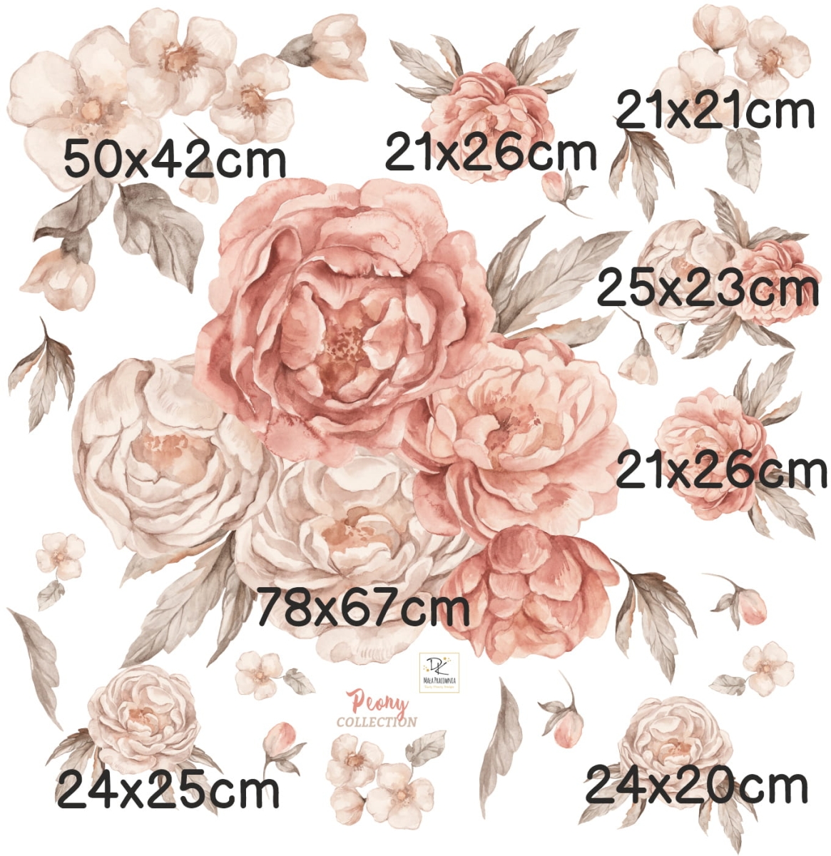 Piwonie Sunrise – wymiary zestawu naklejek ściennych, format XL