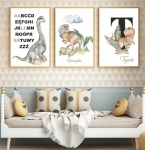 Zestaw 3 plakatów z dinozaurami dla chłopca – alfabet, Brontozaur i personalizowana litera, plakaty do pokoju dziecięcego – Mała Pracownia