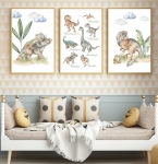 Zestaw trzech plakatów z dinozaurami i nazwami gatunków, dekoracja ścienna do pokoju chłopca – Mała Pracownia