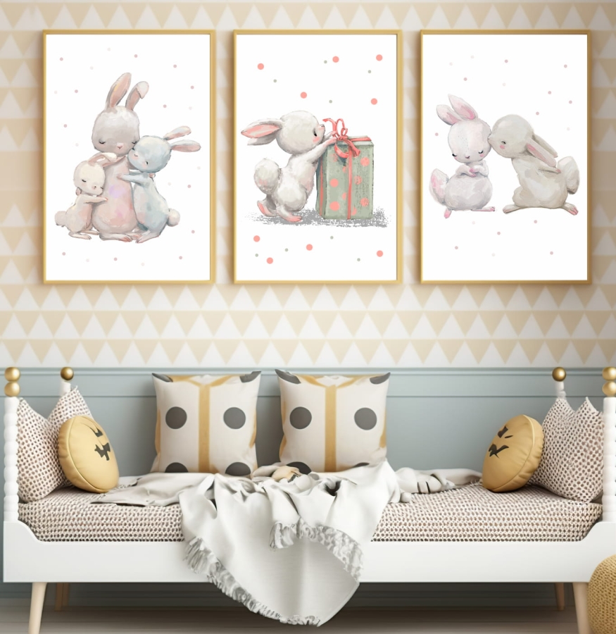ZESTAW 3 OBRAZKI, PLAKATY  - KRÓLICZKI Z MAMUSIĄ, Z PREZENTEM, CAŁUSKI.jpg