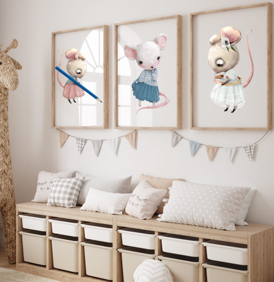 ZESTAW 3 OBRAZKI, PLAKATY - MYSZKA Z OŁÓWKIEM, MYSZKA Z PIERŚCIONKIEM DK30.jpg