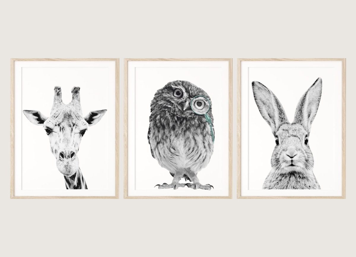 Tryptyk plakatów zwierzęta – żyrafa sowa królik – dekoracja pokoju dziecięcego – Mała Pracownia