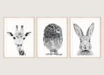 Tryptyk plakatów zwierzęta – żyrafa sowa królik – dekoracja pokoju dziecięcego – Mała Pracownia