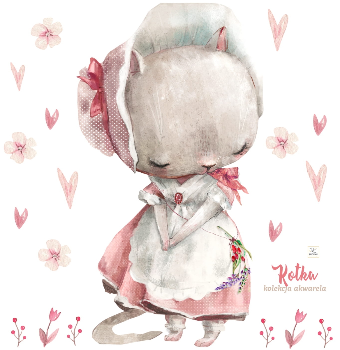 NAKLEJKA NA ŚCIANĘ KOTKA, KWIATKI, SERCA AKWARELA.jpg